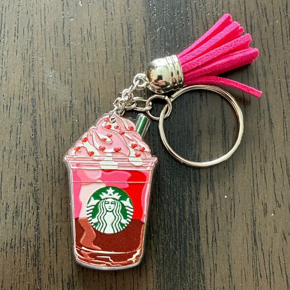 Starbucks inspired Chocolate Red and White Frappuccino Keychain with Pink tassle